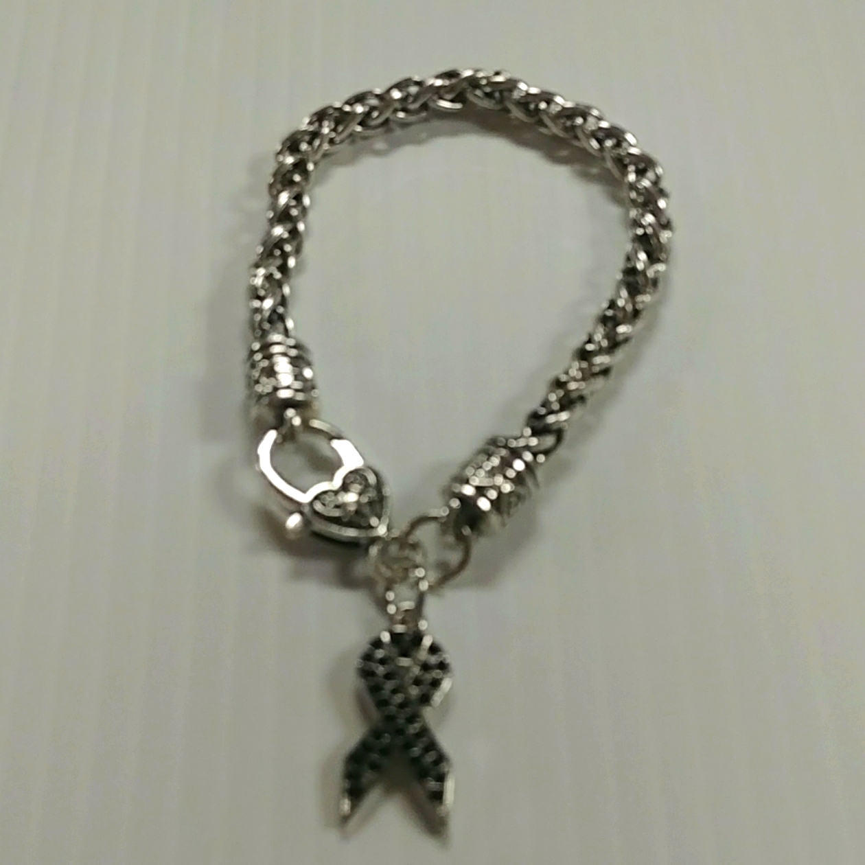 Black Rhinestone Breast Cancer Silver Bracelet